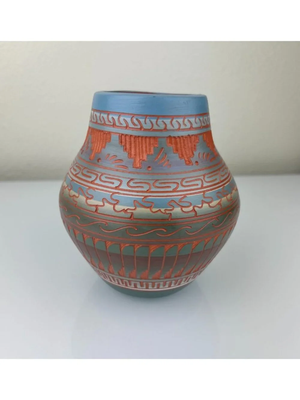 Navajo Pottery Vase Terracotta Red Clay Etched Blue Orange Teal 6